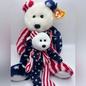 TY Beanie Buddy & Baby SPANGLE Patriotic Bear American Flag Plush Set Of 2